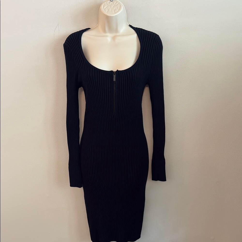 Cache Dark Navy Ribbed Long-Sleeve Mini Dress with Front Zip Scoop Neck  Medium